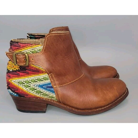 Vtg Western Leather Ankle Bootie Womens 7 Brown Aztec Embroidered Boho Hippie - Picture 6 of 11